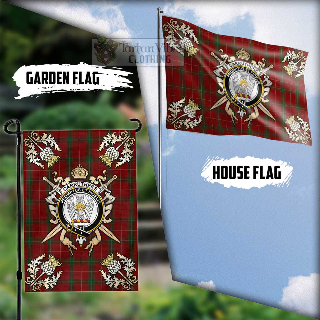 Tartan Vibes Clothing Carruthers Tartan Flag with Family Crest and Golden Thistle Crossed Sword Design