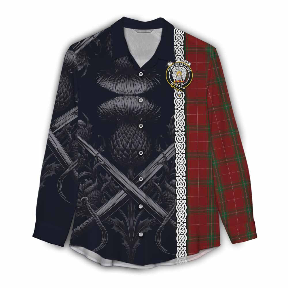 Tartan Vibes Clothing Carruthers Tartan Women's Casual Shirt with Family Crest Cross Sword Thistle Celtic Vibes