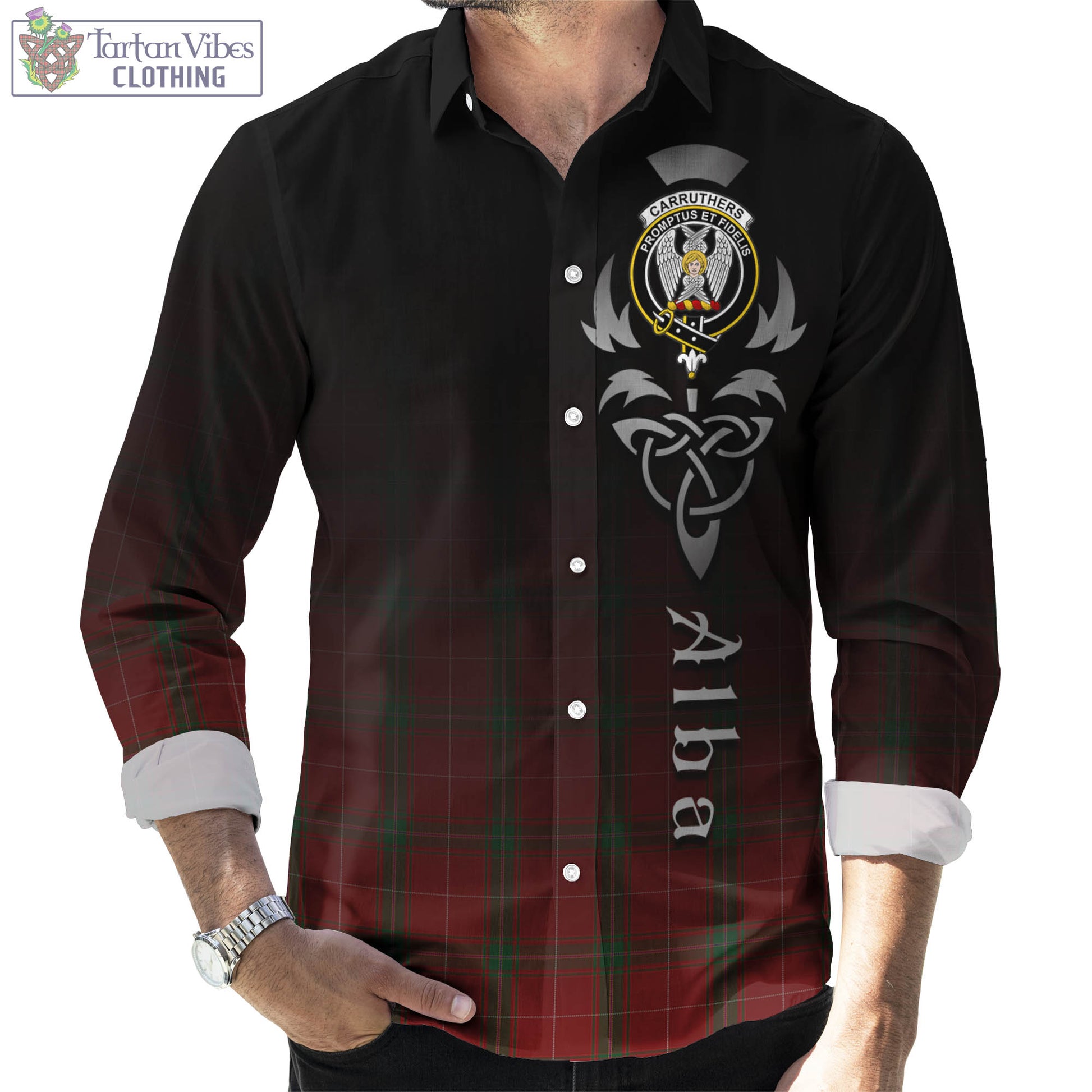 Tartan Vibes Clothing Carruthers Tartan Long Sleeve Button Up Featuring Alba Gu Brath Family Crest Celtic Inspired