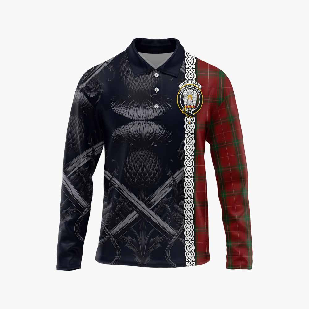 Tartan Vibes Clothing Carruthers Tartan Long Sleeve Polo Shirt with Family Crest Cross Sword Thistle Celtic Vibes