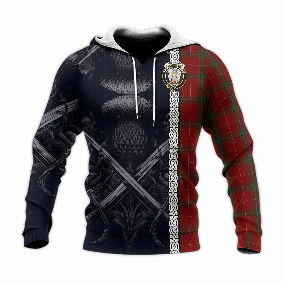 Tartan Vibes Clothing Carruthers Tartan Knitted Hoodie with Family Crest Cross Sword Thistle Celtic Vibes