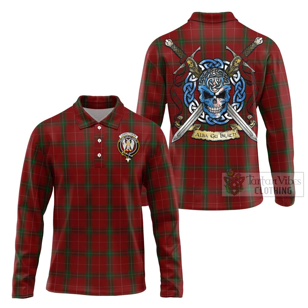 Tartan Vibes Clothing Carruthers Tartan Long Sleeve Polo Shirt with Family Crest Celtic Skull Style