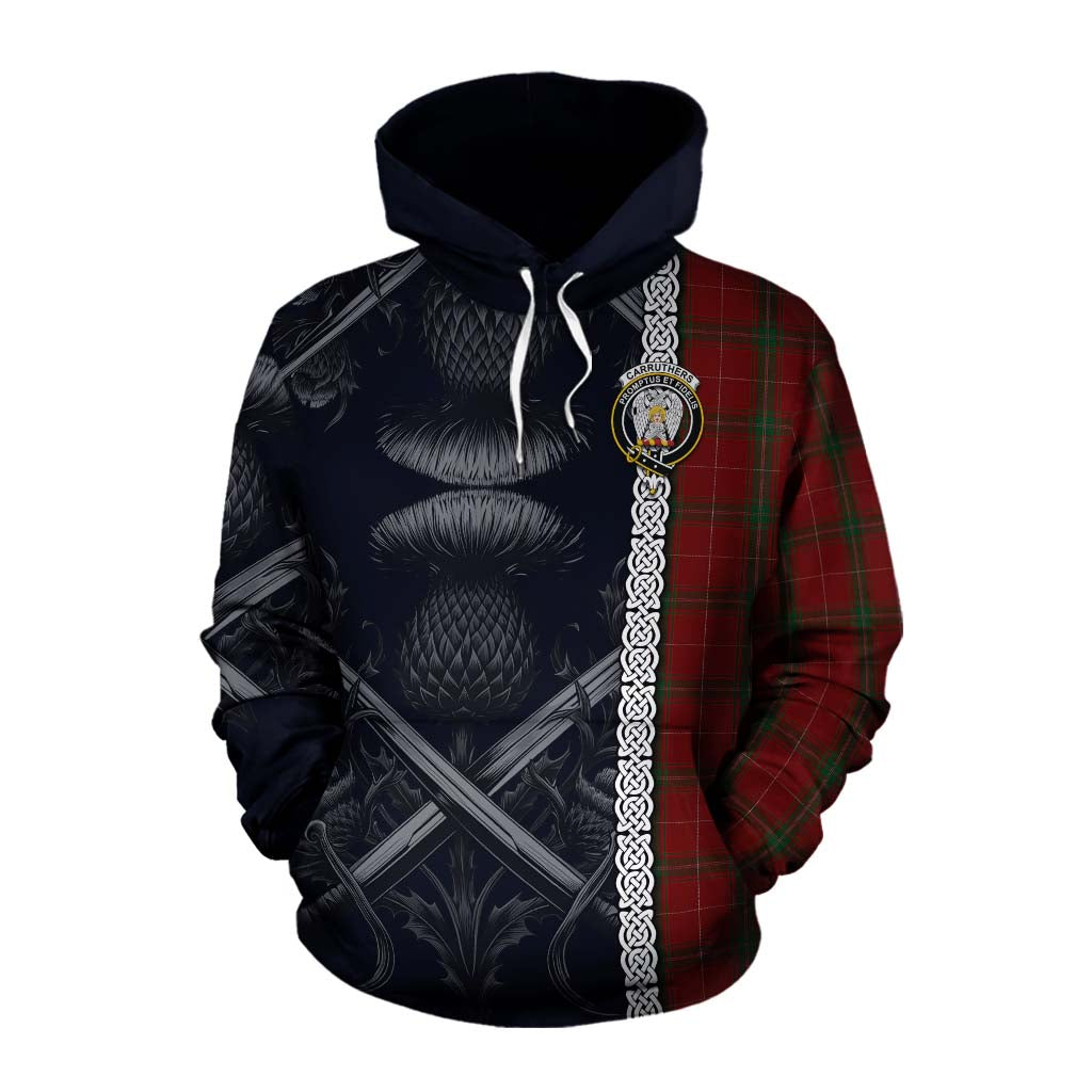 Tartan Vibes Clothing Carruthers Tartan Cotton Hoodie with Family Crest Cross Sword Thistle Celtic Vibes