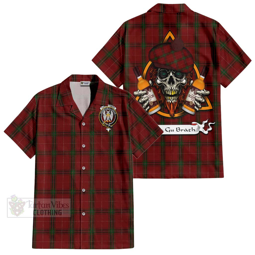 Tartan Vibes Clothing Carruthers Tartan Short Sleeve Button Shirt with Family Crest and Bearded Skull Holding Bottles of Whiskey