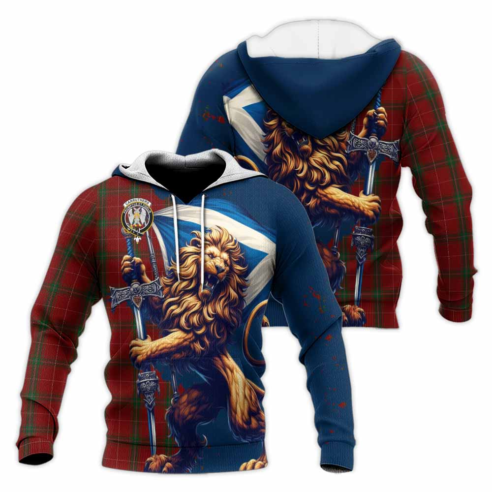 Tartan Vibes Clothing Carruthers Tartan Family Crest Knitted Hoodie with Scottish Majestic Lion