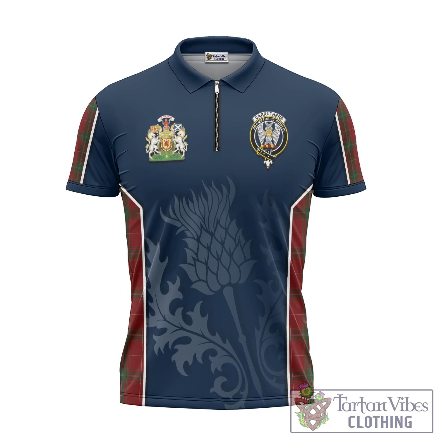 Tartan Vibes Clothing Carruthers Tartan Zipper Polo Shirt with Family Crest and Scottish Thistle Vibes Sport Style