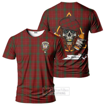 Carruthers Tartan T-Shirt with Family Crest and Bearded Skull Holding Bottles of Whiskey