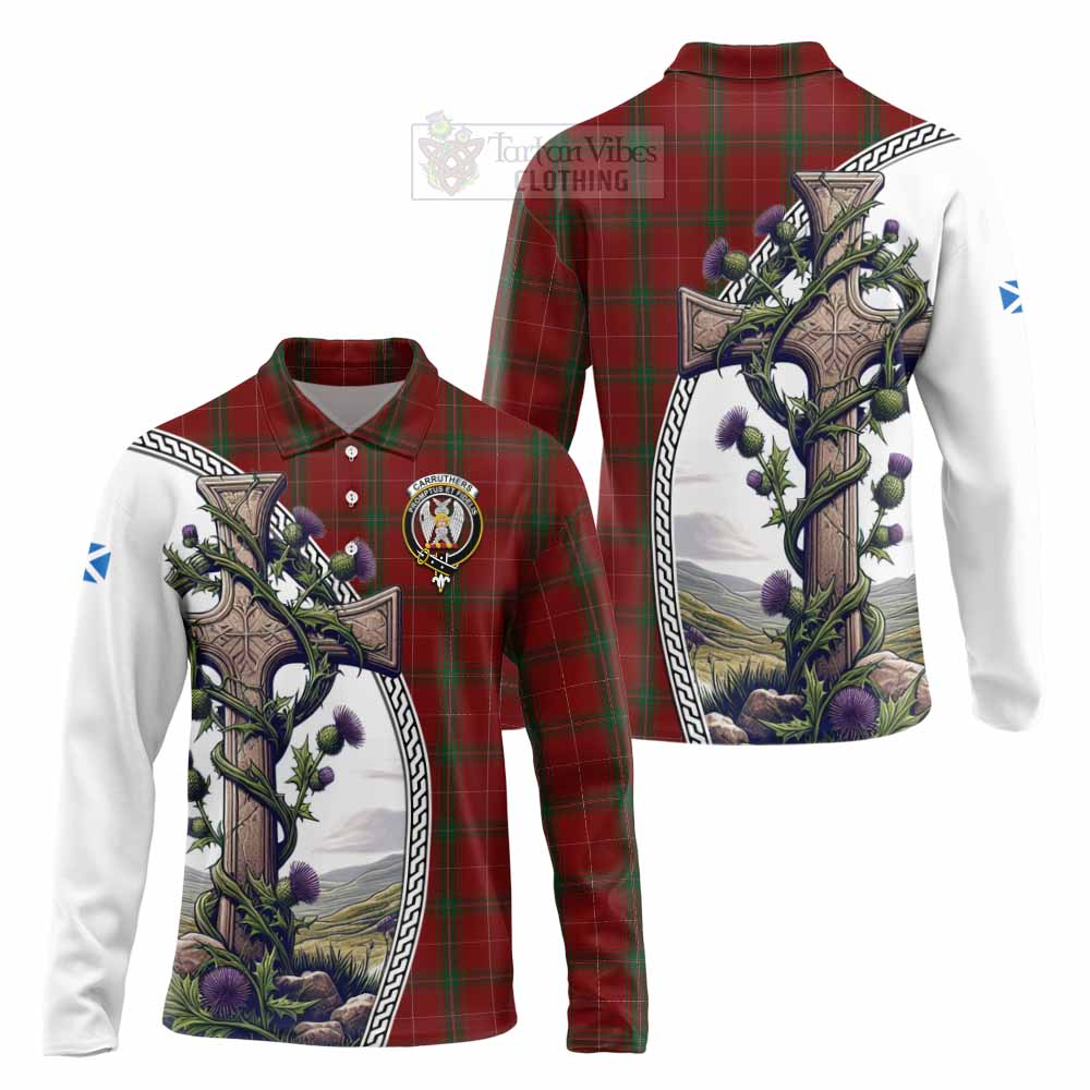 Tartan Vibes Clothing Carruthers Tartan Long Sleeve Polo Shirt with Family Crest and St. Andrew's Cross Accented by Thistle Vines