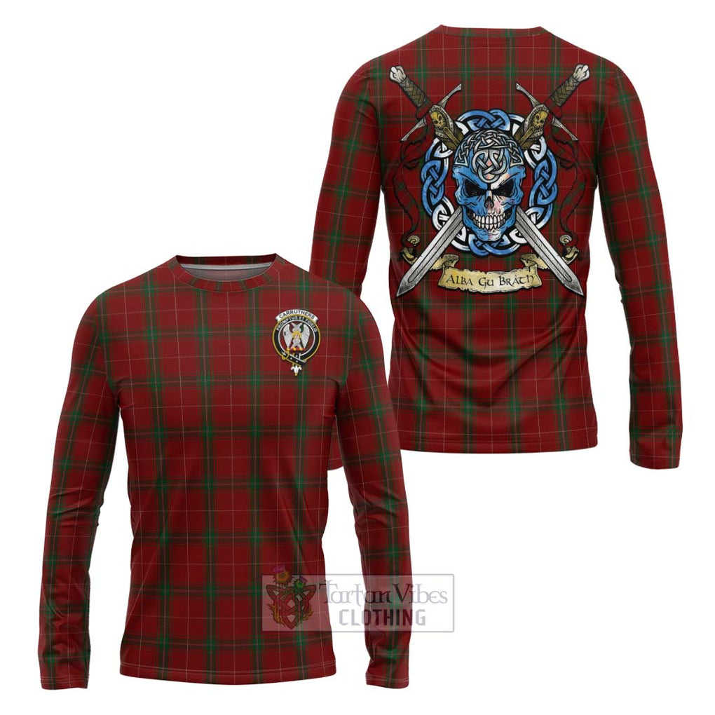 Tartan Vibes Clothing Carruthers Tartan Long Sleeve T-Shirt with Family Crest Celtic Skull Style