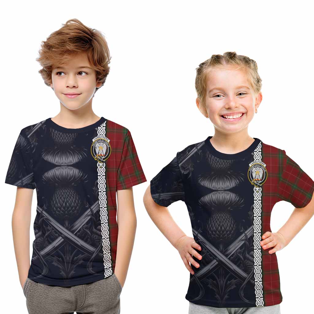 Tartan Vibes Clothing Carruthers Tartan Kid T-Shirt with Family Crest Cross Sword Thistle Celtic Vibes