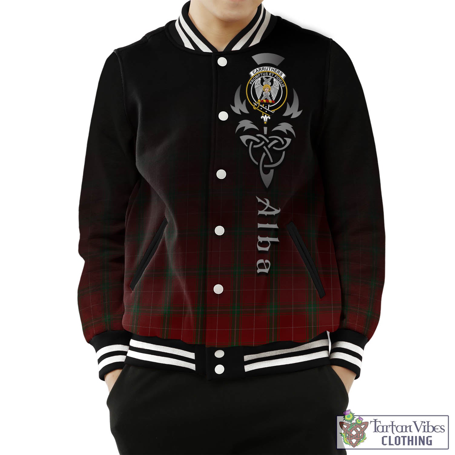 Tartan Vibes Clothing Carruthers Tartan Baseball Jacket Featuring Alba Gu Brath Family Crest Celtic Inspired