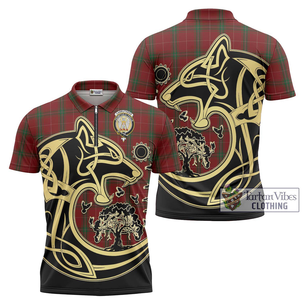 Carruthers Tartan Zipper Polo Shirt with Family Crest Celtic Wolf Style Unisex - Tartanvibesclothing Shop