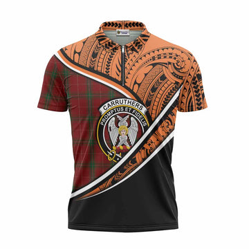 Carruthers Crest Tartan Zipper Polo Shirt with Polynesian Vibes Style - Orange Version