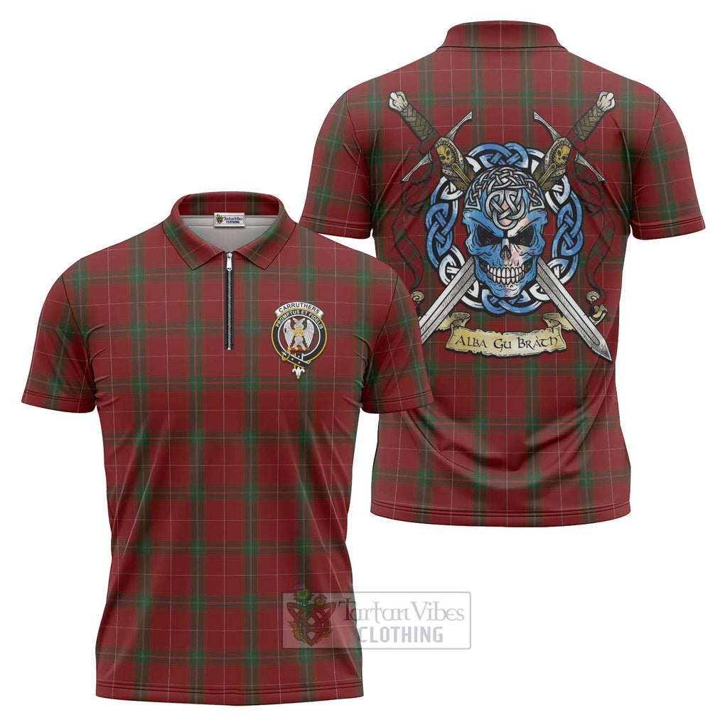 Tartan Vibes Clothing Carruthers Tartan Zipper Polo Shirt with Family Crest Celtic Skull Style