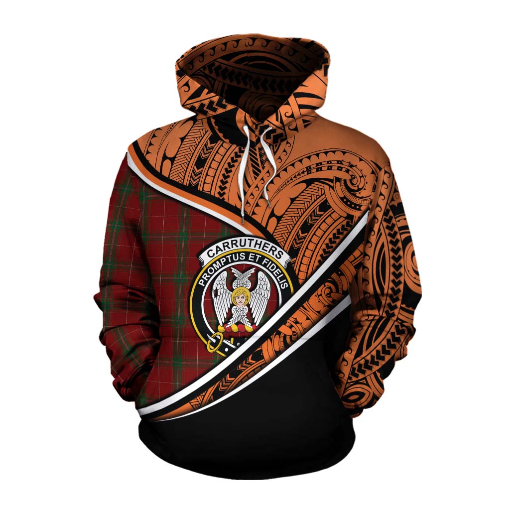 Tartan Vibes Clothing Carruthers Crest Tartan Cotton Hoodie with Maori Tattoo Style - Orange Version