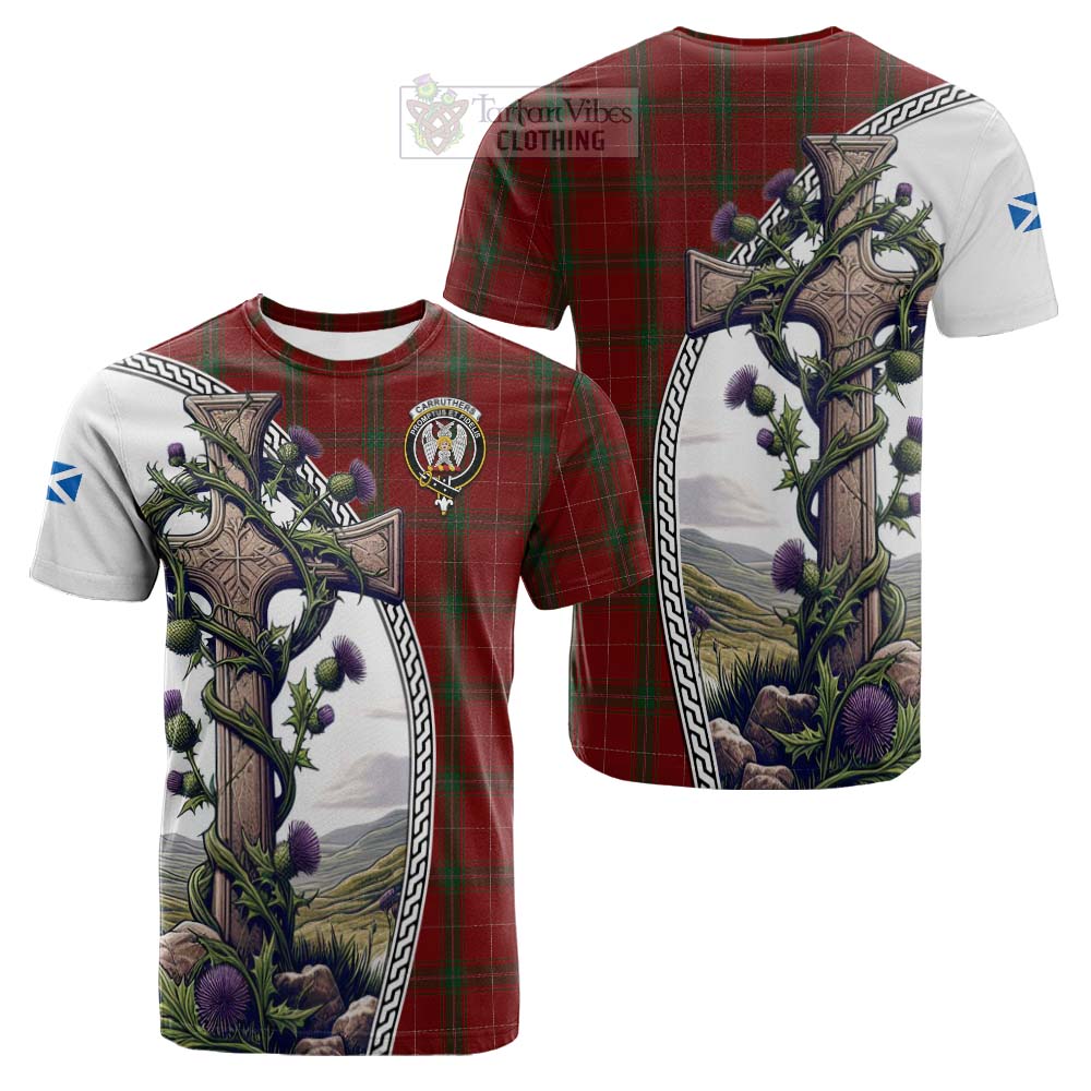 Tartan Vibes Clothing Carruthers Tartan Cotton T-shirt with Family Crest and St. Andrew's Cross Accented by Thistle Vines