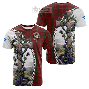 Carruthers Tartan Cotton T-shirt with Family Crest and St. Andrew's Cross Accented by Thistle Vines