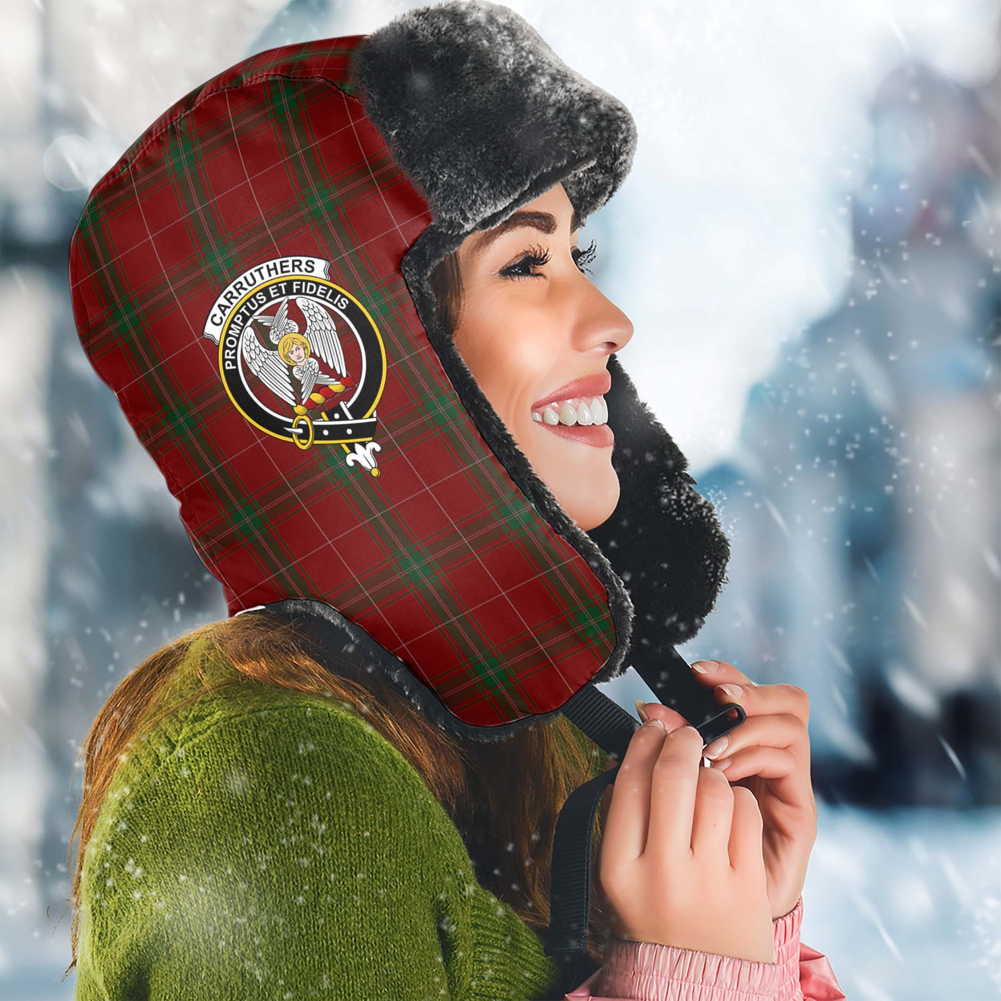 Carruthers Tartan Winter Trapper Hat with Family Crest Winter Trapper Hat Universal Fit Circumference 22.8in (58cm) - Tartanvibesclothing