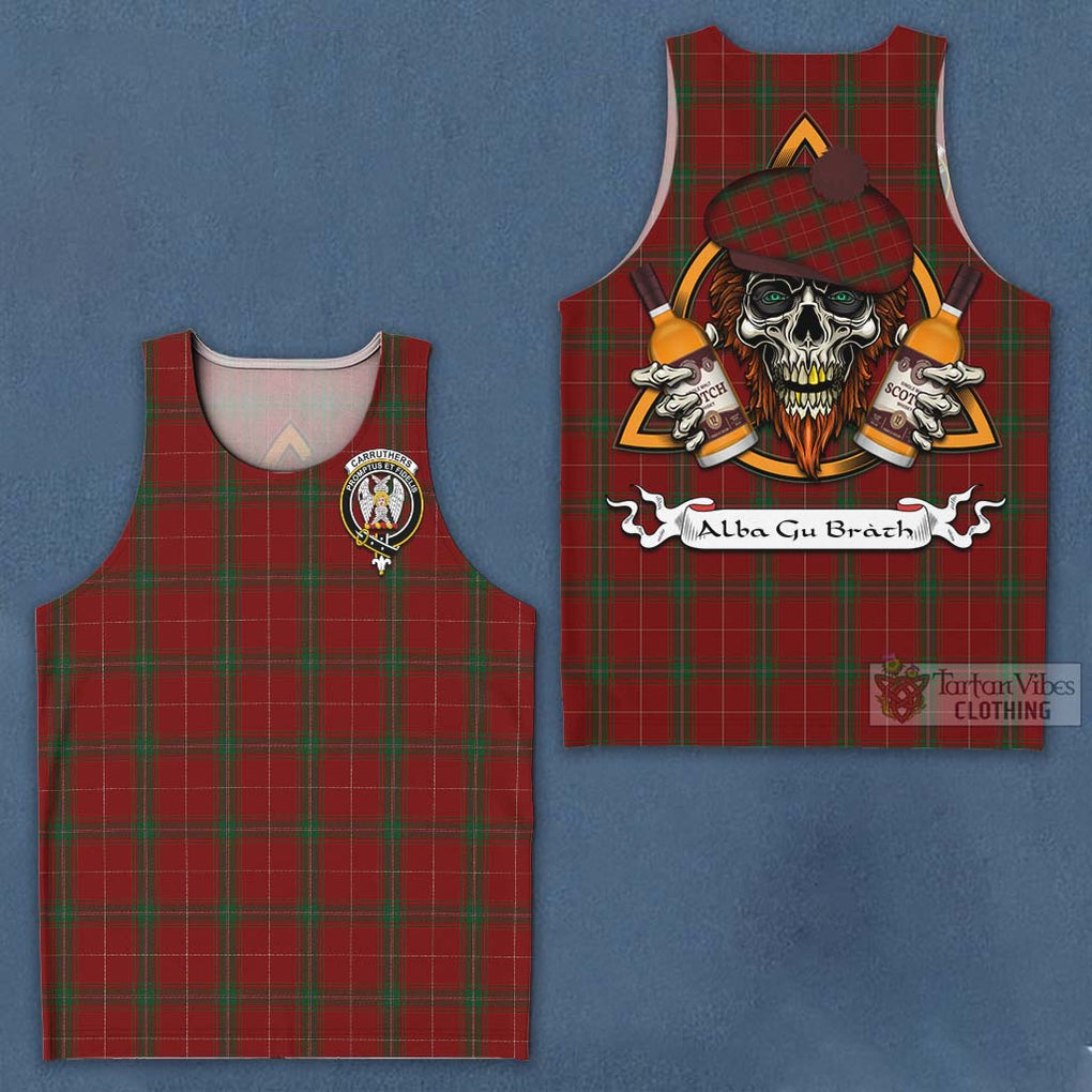 Tartan Vibes Clothing Carruthers Tartan Men's Tank Top with Family Crest and Bearded Skull Holding Bottles of Whiskey