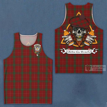 Carruthers Tartan Men's Tank Top with Family Crest and Bearded Skull Holding Bottles of Whiskey