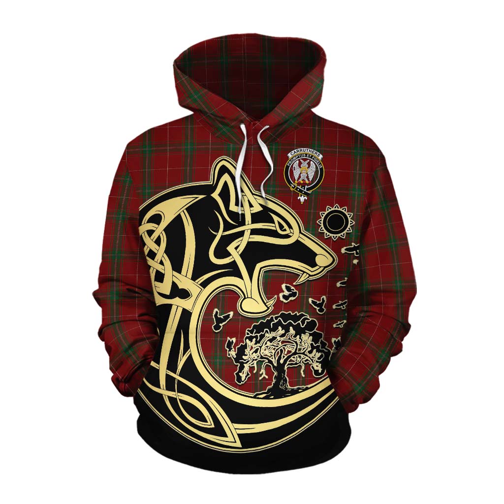 Tartan Vibes Clothing Carruthers Tartan Cotton Hoodie with Family Crest Celtic Wolf Style