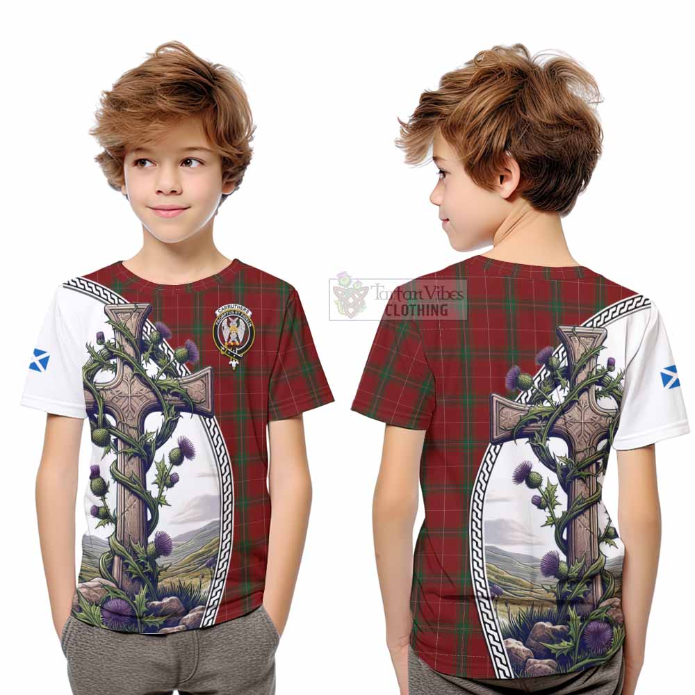 Tartan Vibes Clothing Carruthers Tartan Kid T-Shirt with Family Crest and St. Andrew's Cross Accented by Thistle Vines