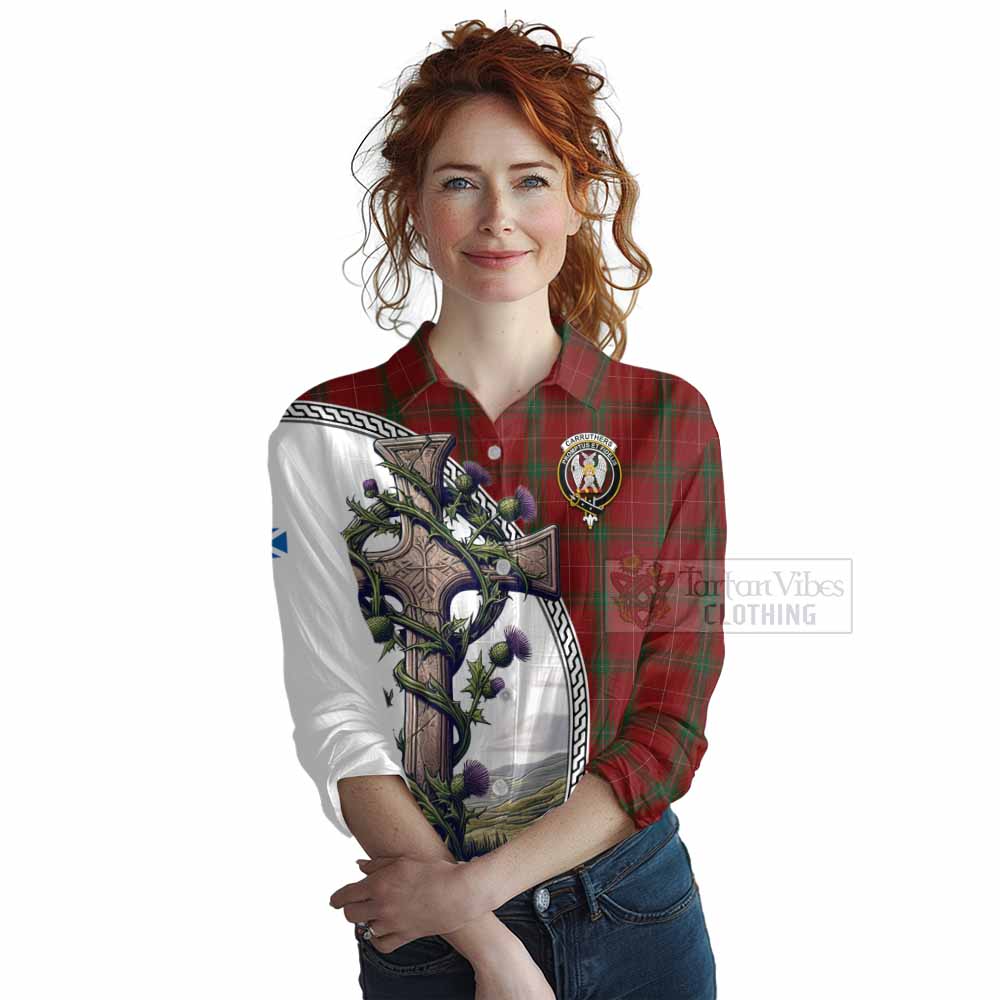 Tartan Vibes Clothing Carruthers Tartan Women's Casual Shirt with Family Crest and St. Andrew's Cross Accented by Thistle Vines