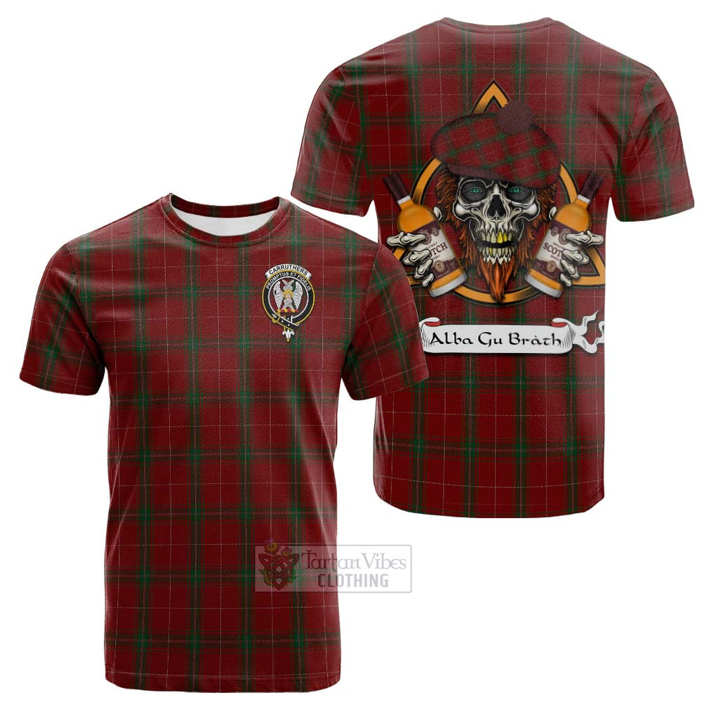 Tartan Vibes Clothing Carruthers Tartan Cotton T-shirt with Family Crest and Bearded Skull Holding Bottles of Whiskey