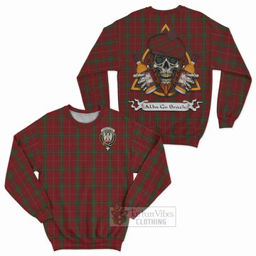 Carruthers Tartan Sweatshirt with Family Crest and Bearded Skull Holding Bottles of Whiskey