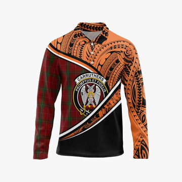 Carruthers Crest Tartan Long Sleeve Polo Shirt with Polynesian Vibes Style - Orange Version