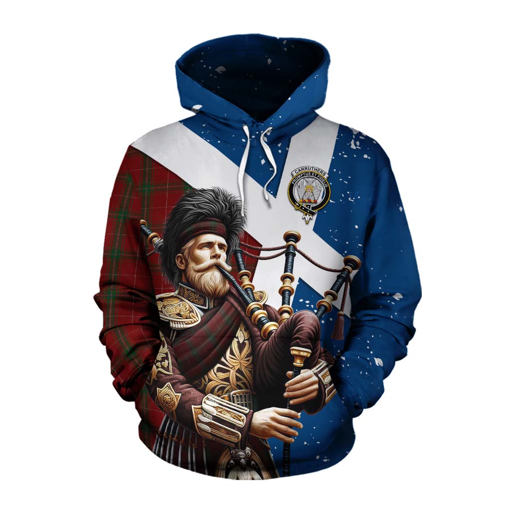 Tartan Vibes Clothing Carruthers Tartan Cotton Hoodie with Family Crest Scottish Bagpiper Vibes