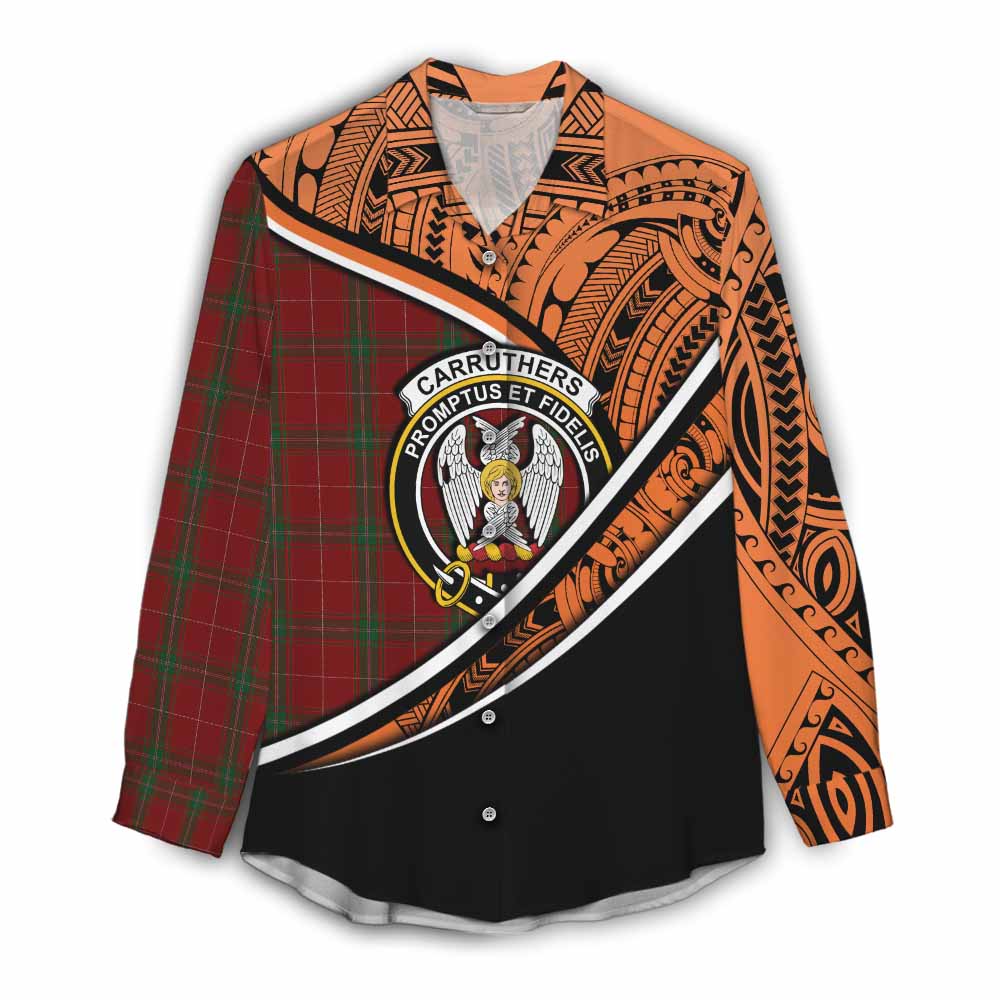 Tartan Vibes Clothing Carruthers Crest Tartan Women's Casual Shirt with Maori Tattoo Style - Orange Version