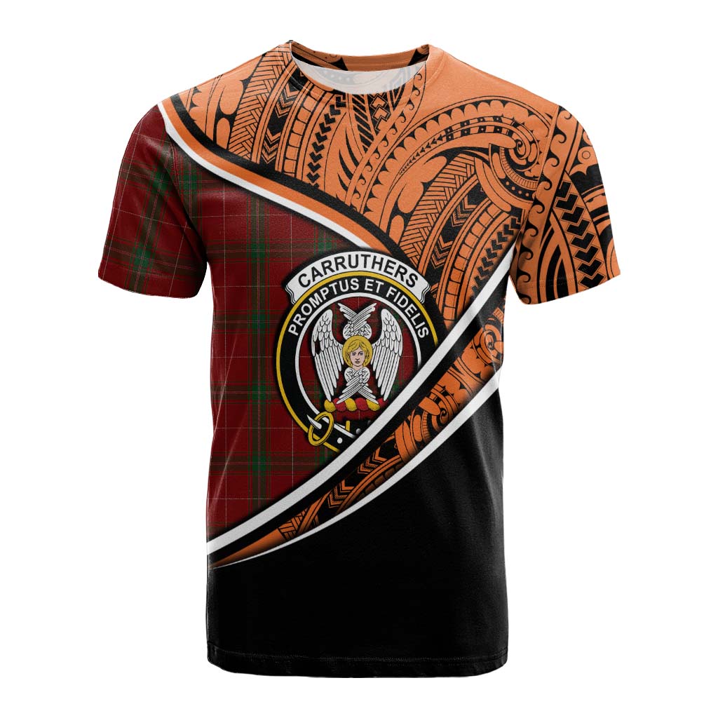 Tartan Vibes Clothing Carruthers Crest Tartan Cotton T-shirt with Maori Tattoo Style - Orange Version