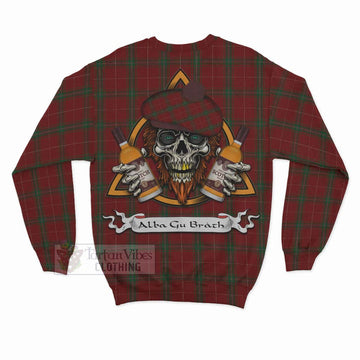 Carruthers Tartan Sweatshirt with Family Crest and Bearded Skull Holding Bottles of Whiskey