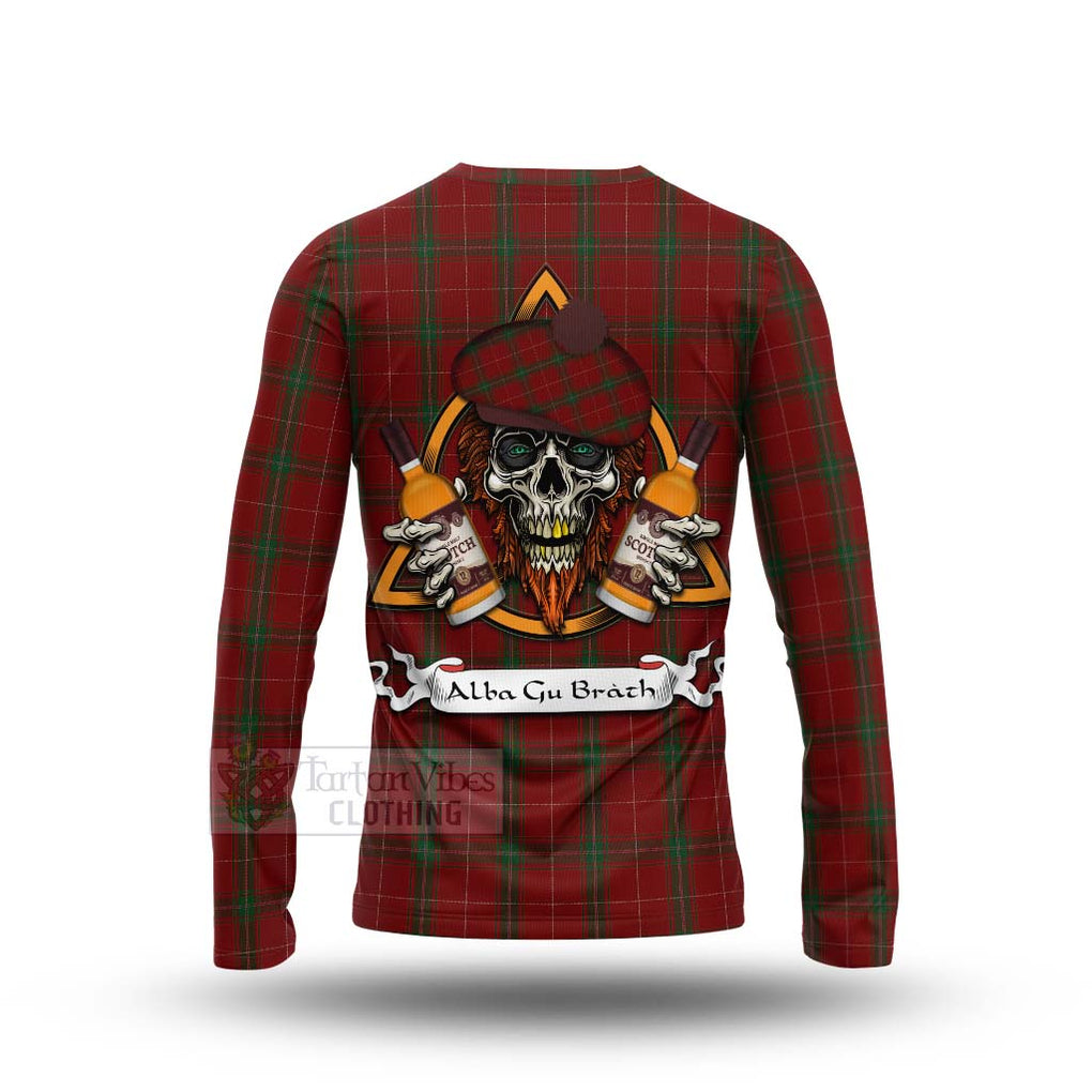 Tartan Vibes Clothing Carruthers Tartan Long Sleeve T-Shirt with Family Crest and Bearded Skull Holding Bottles of Whiskey