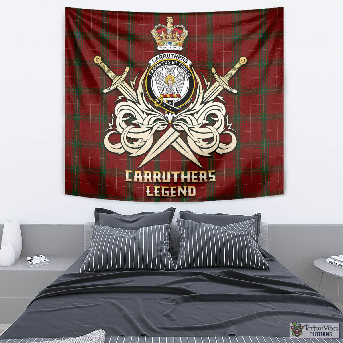 Tartan Vibes Clothing Carruthers Tartan Tapestry with Clan Crest and the Golden Sword of Courageous Legacy