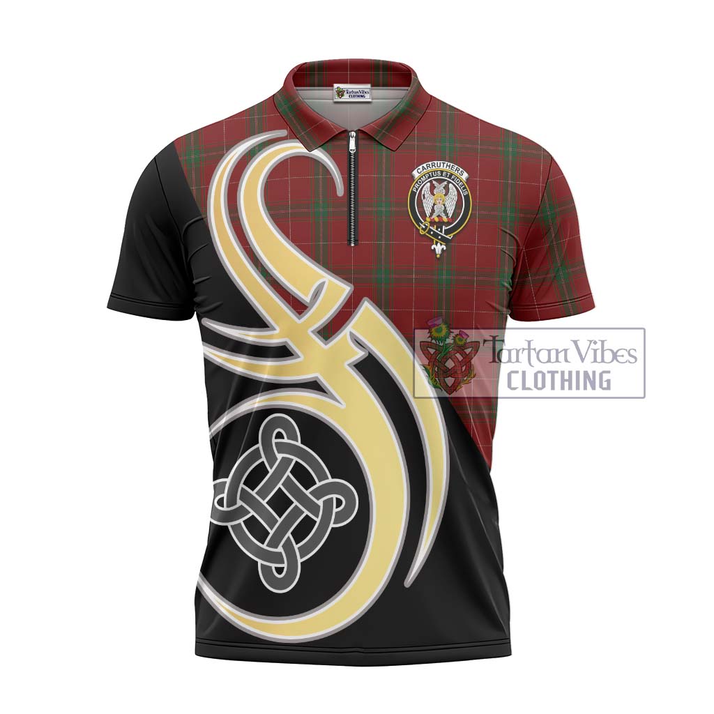 Tartan Vibes Clothing Carruthers Tartan Zipper Polo Shirt with Family Crest and Celtic Symbol Style