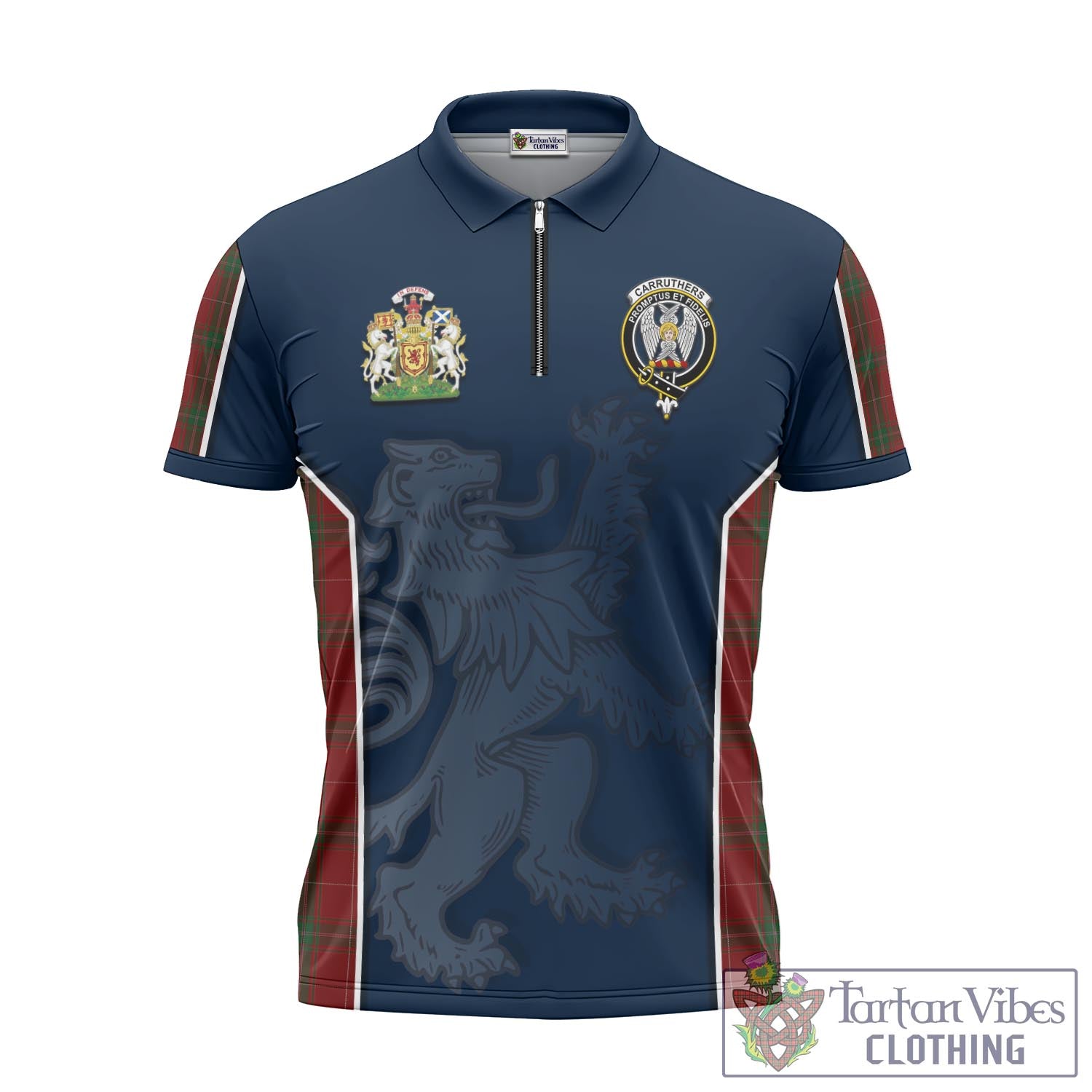 Tartan Vibes Clothing Carruthers Tartan Zipper Polo Shirt with Family Crest and Lion Rampant Vibes Sport Style