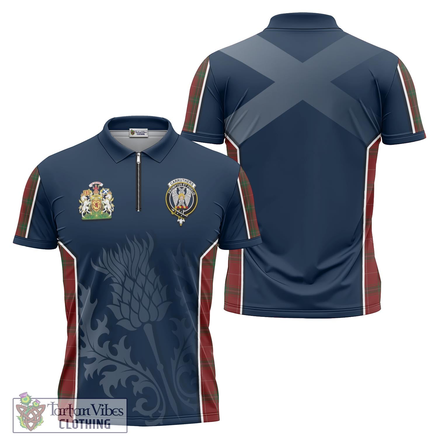 Tartan Vibes Clothing Carruthers Tartan Zipper Polo Shirt with Family Crest and Scottish Thistle Vibes Sport Style