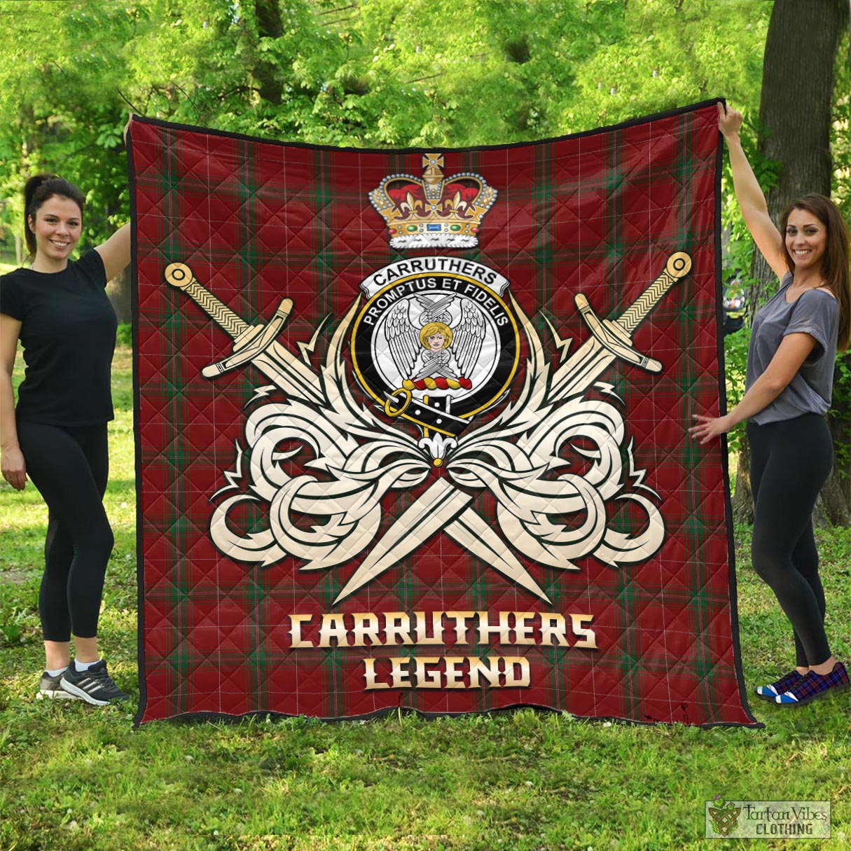 Tartan Vibes Clothing Carruthers Tartan Quilt with Clan Crest and the Golden Sword of Courageous Legacy