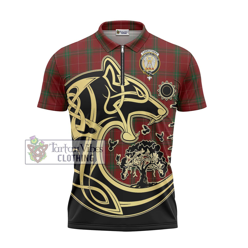 Carruthers Tartan Zipper Polo Shirt with Family Crest Celtic Wolf Style - Tartanvibesclothing Shop