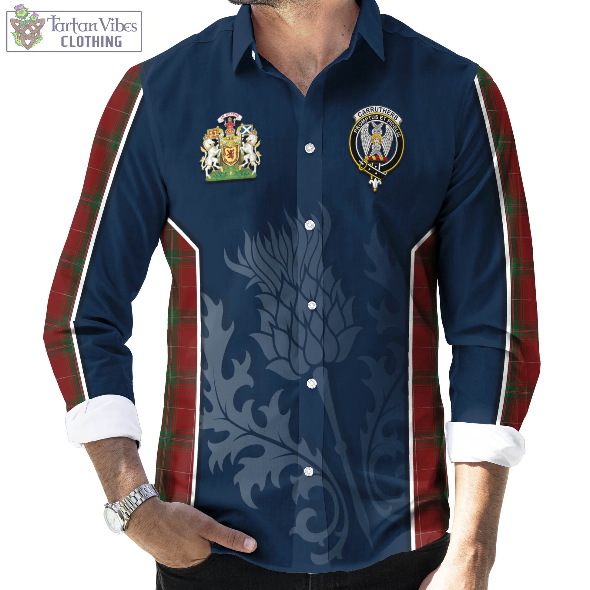 Tartan Vibes Clothing Carruthers Tartan Long Sleeve Button Up Shirt with Family Crest and Scottish Thistle Vibes Sport Style