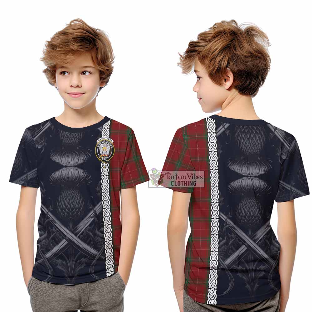 Tartan Vibes Clothing Carruthers Tartan Kid T-Shirt with Family Crest Cross Sword Thistle Celtic Vibes