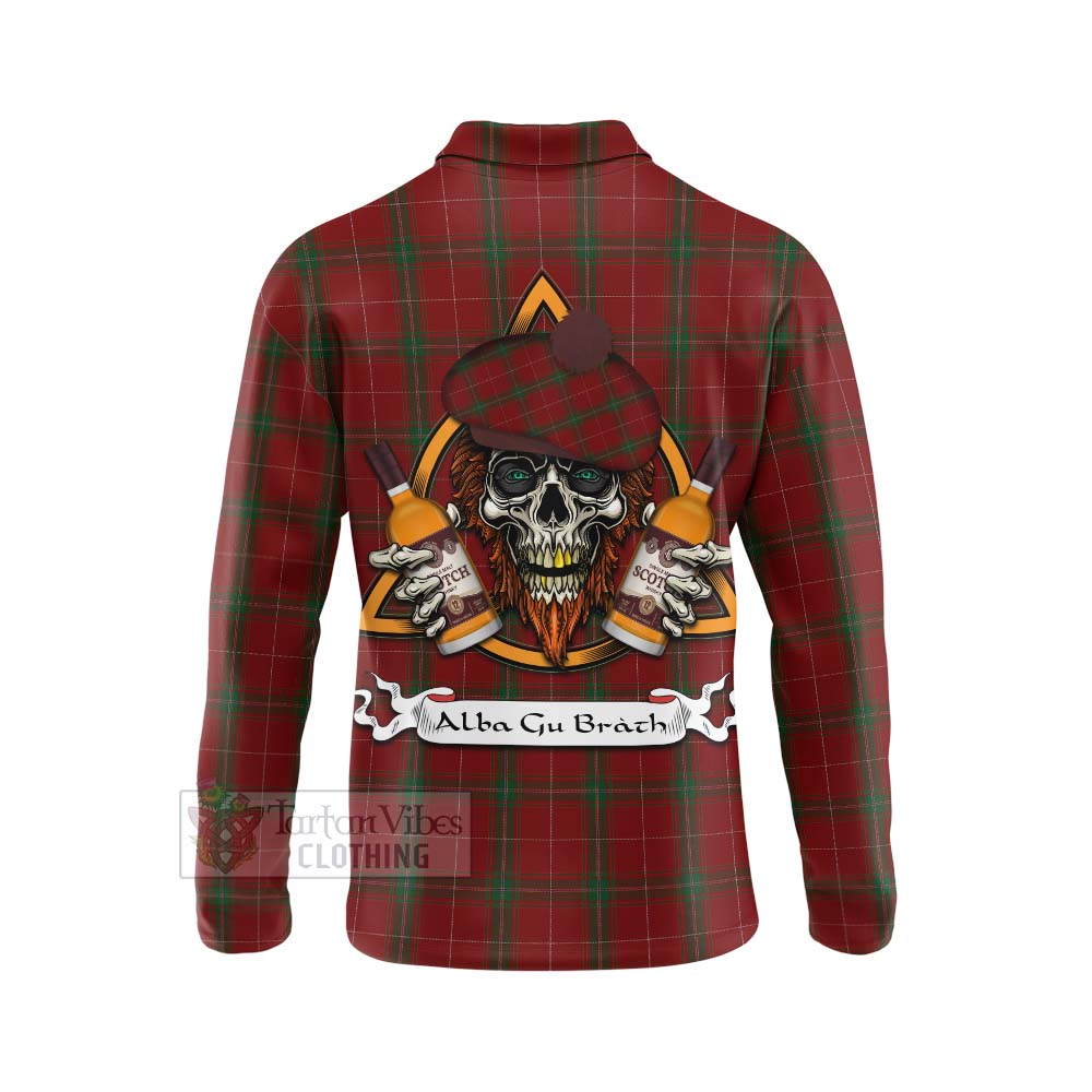 Tartan Vibes Clothing Carruthers Tartan Long Sleeve Polo Shirt with Family Crest and Bearded Skull Holding Bottles of Whiskey