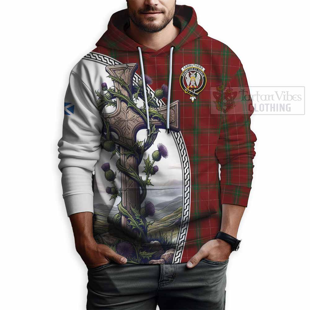 Carruthers Tartan Hoodie with Family Crest and St. Andrew's Cross Accented by Thistle Vines - Tartan Vibes Clothing