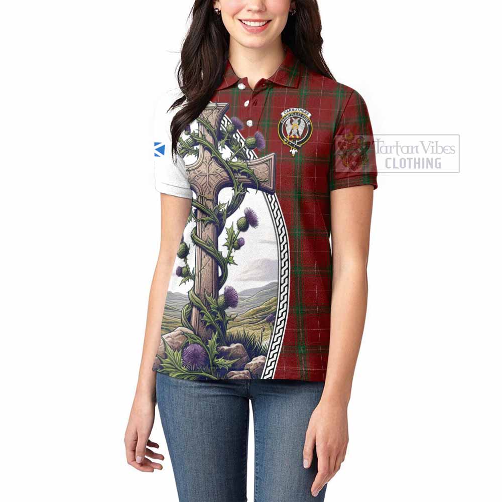 Tartan Vibes Clothing Carruthers Tartan Women's Polo Shirt with Family Crest and St. Andrew's Cross Accented by Thistle Vines