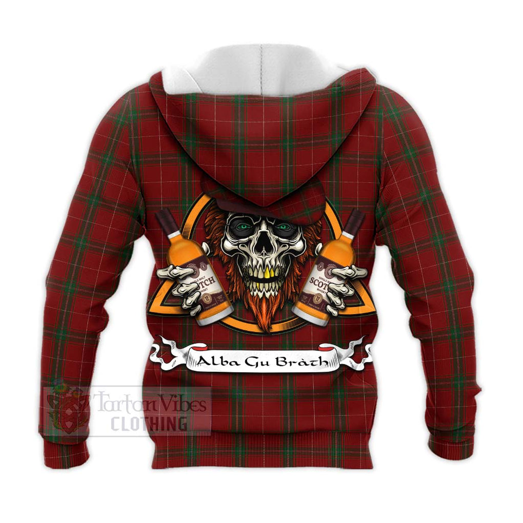 Tartan Vibes Clothing Carruthers Tartan Knitted Hoodie with Family Crest and Bearded Skull Holding Bottles of Whiskey