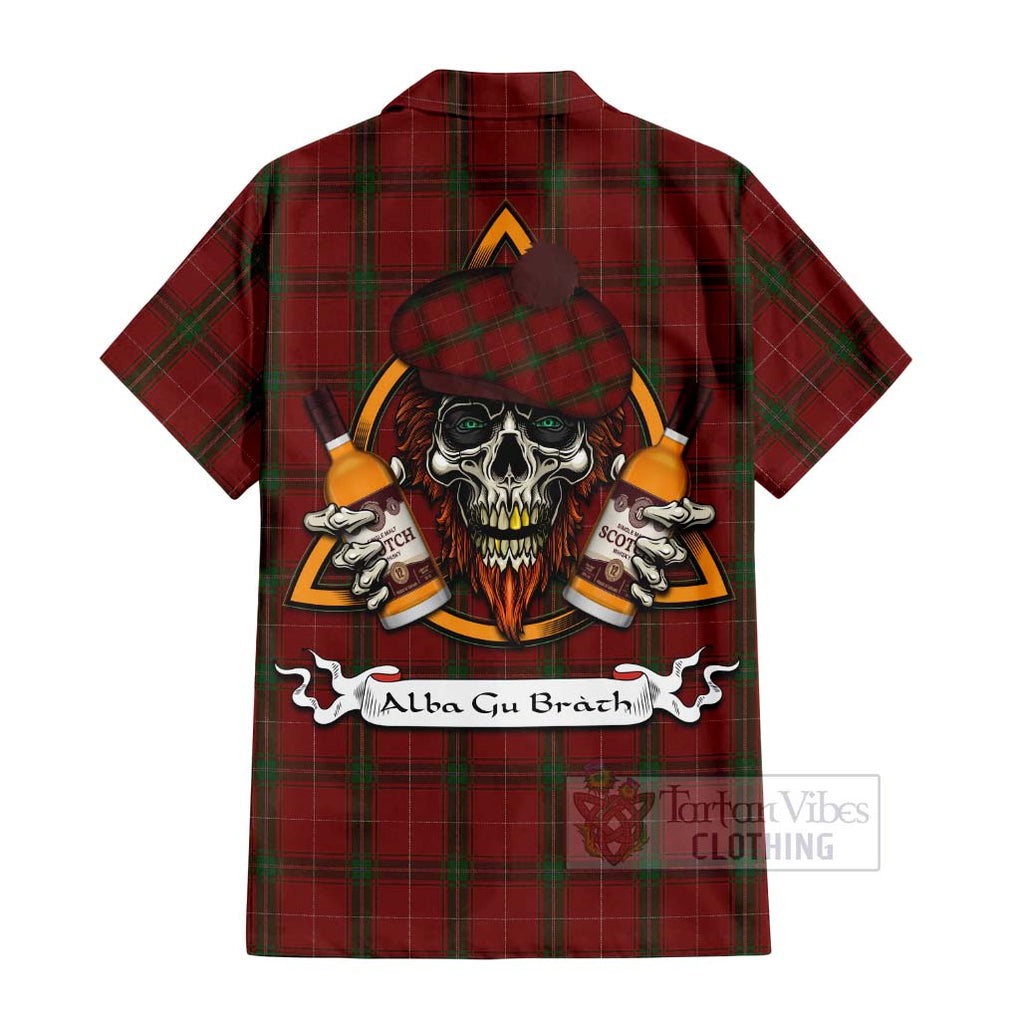 Tartan Vibes Clothing Carruthers Tartan Short Sleeve Button Shirt with Family Crest and Bearded Skull Holding Bottles of Whiskey