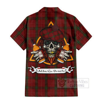 Carruthers Tartan Short Sleeve Button Shirt with Family Crest and Bearded Skull Holding Bottles of Whiskey