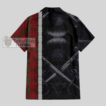 Carruthers Tartan Short Sleeve Button Shirt with Family Crest Cross Sword Thistle Celtic Vibes